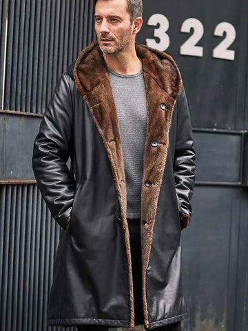 • hooded shearling leather parka mens front view
