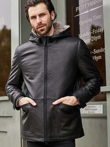 • black fur hooded leather coat mens front view

