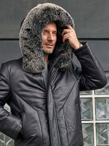 • fox fur collar leather coat detail close up
