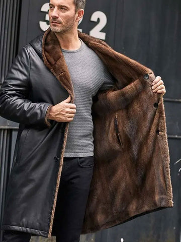 • cowhide leather coat fur hood detail
