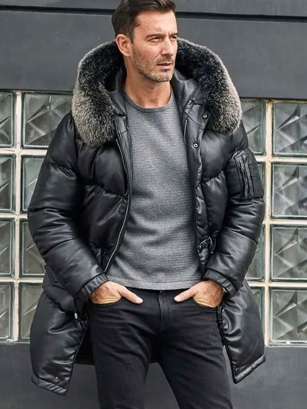 • fox fur collar leather coat detail close up
