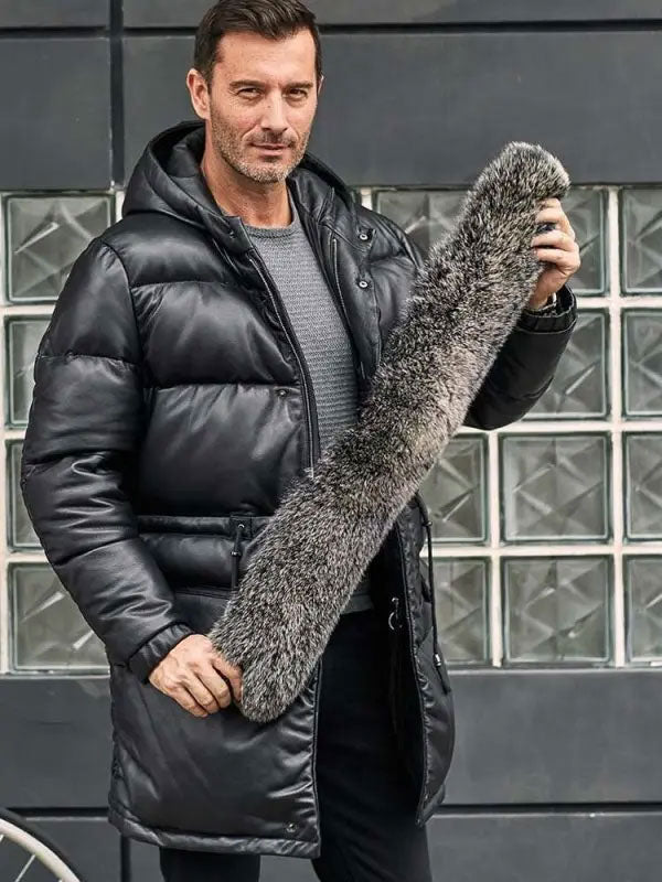 • hooded leather winter overcoat side angle
