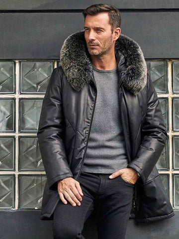• hooded leather winter jacket side angle
