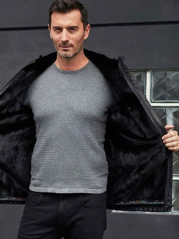 Men’s Black Oversized Faux Fur Leather Overcoat