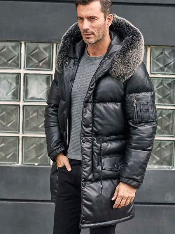 • long winter leather jacket styling view
