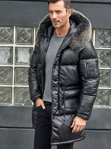 • long winter leather jacket styling view
