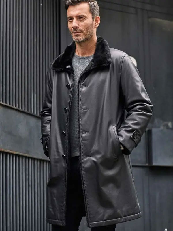 • black leather trench coat fur lining mens front view
