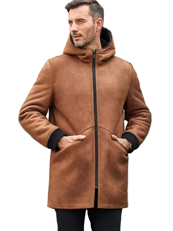 • brown shearling hooded leather coat mens front view

