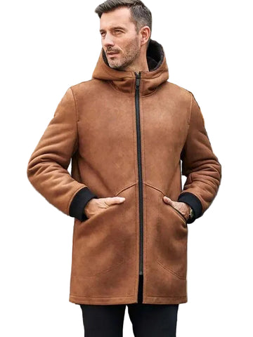 • brown shearling hooded leather coat mens front view
