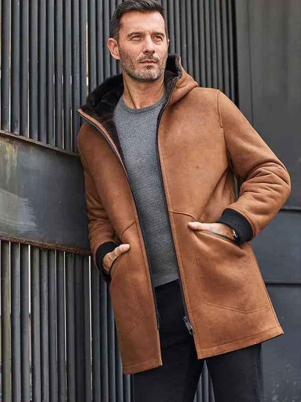 • sheepskin overcoat hood detail close up
