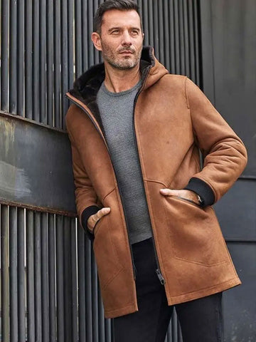 • sheepskin overcoat hood detail close up
