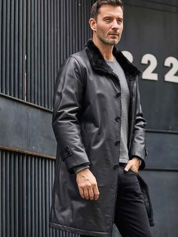 • long leather coat men winter fur lined detail
