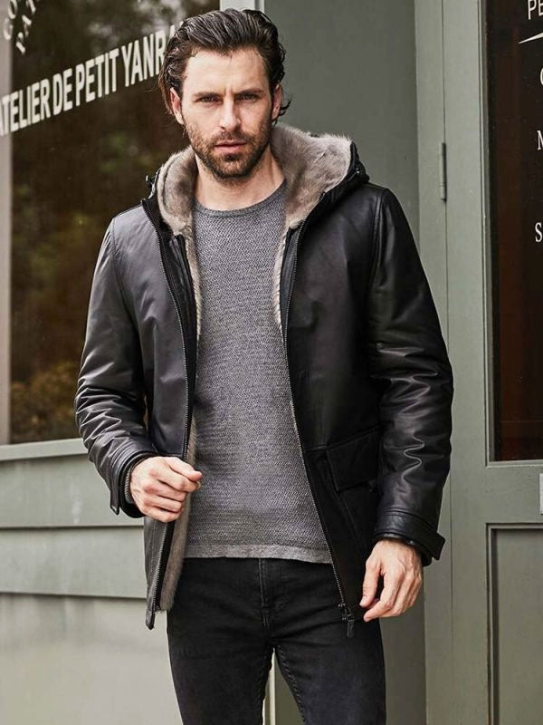 • hooded winter leather coat side angle
