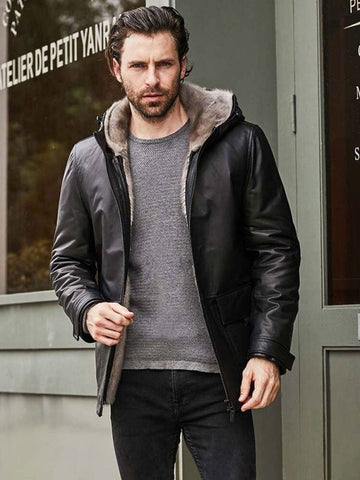 • hooded winter leather coat side angle
