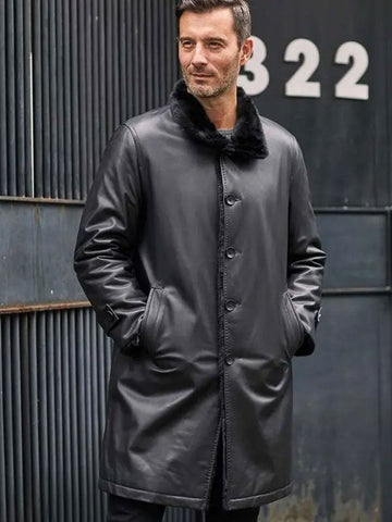 • mens black leather parka coat side angle
