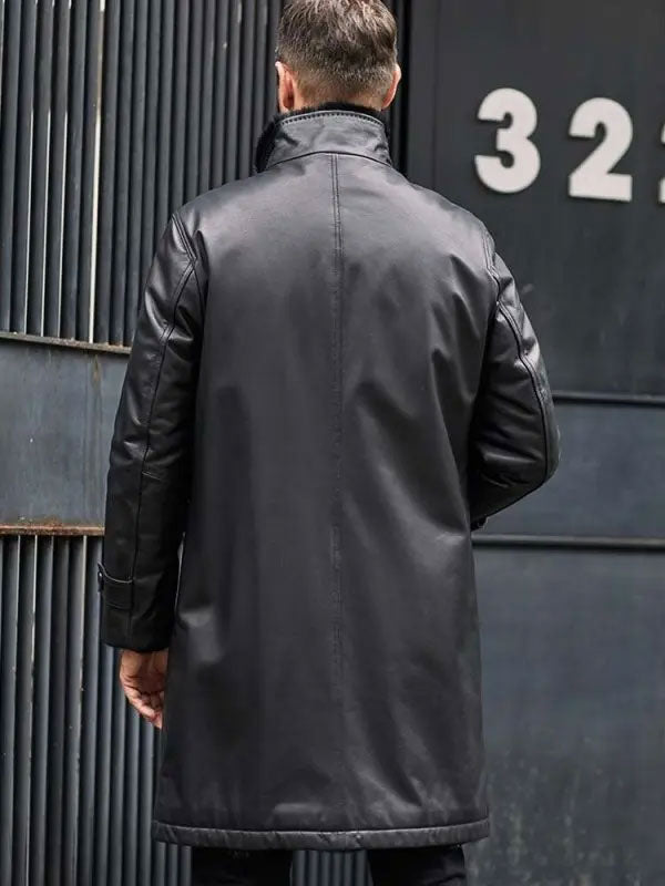 • leather trench coat button closure close up
