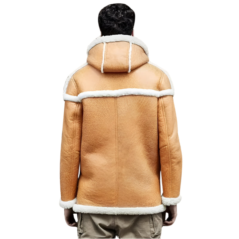 Men's Hooded B7 Sheepskin Shearling Bomber Coat in Yellow Amsel Leathers