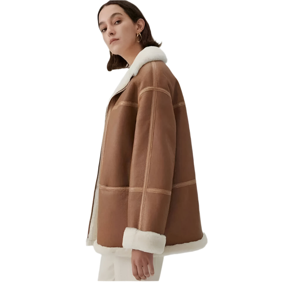 Women's Genuine Sheepskin Brown Aviator Shearling Jacket Coat - AMSEL LEATHERS