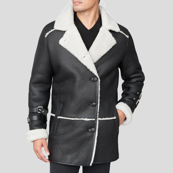 Black Shearling Sheepskin Car Coat - AMSEL LEATHERS