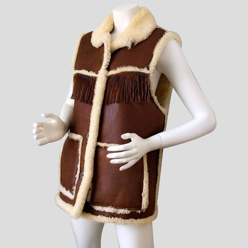 Boho Chic Brown Shearling Fringe Leather Vest - AMSEL LEATHERS