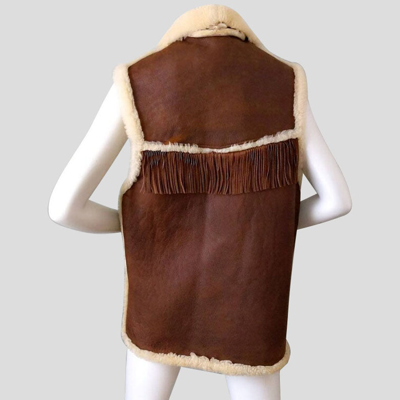 Boho Chic Brown Shearling Fringe Leather Vest - AMSEL LEATHERS