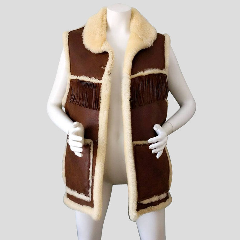 Boho Chic Brown Shearling Fringe Leather Vest - AMSEL LEATHERS