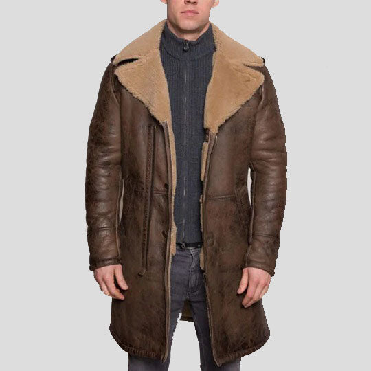 Men's B3 Aviator Sheepskin Shearling Leather Trench Brown Coat - AMSEL LEATHERS