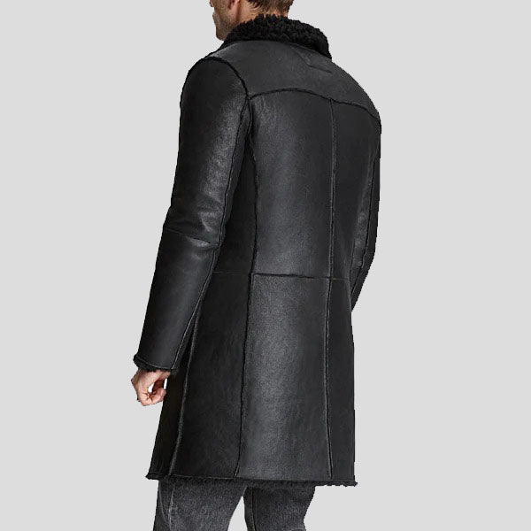 Men's Black Shearling Leather Trench Coat - AMSEL LEATHERS