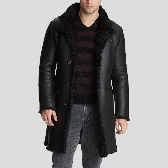 Men's Black Shearling Leather Trench Coat - AMSEL LEATHERS