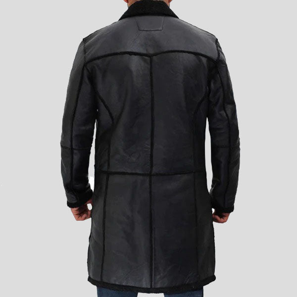 Men's Black Winter Shearling Leather Trench Coat - AMSEL LEATHERS