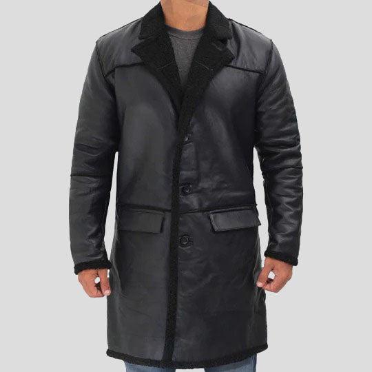 Men's Black Winter Shearling Leather Trench Coat - AMSEL LEATHERS