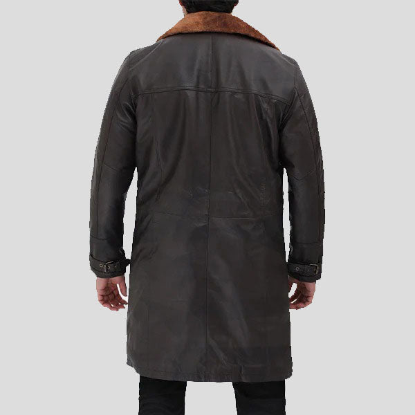 Men's Dark Brown Shearling Leather Trench Coat - AMSEL LEATHERS