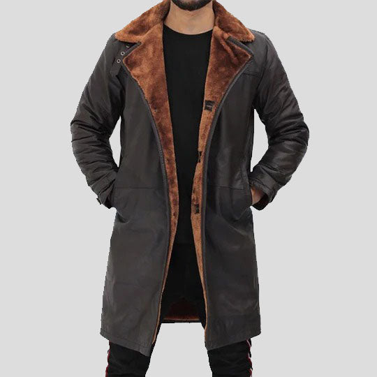 Men's Dark Brown Shearling Leather Trench Coat - AMSEL LEATHERS