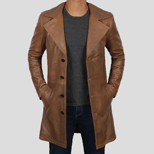 Men's Distressed Brown Winter Car Leather Trench Coat - AMSEL LEATHERS