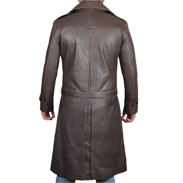 Men's Distressed Brown Winter Long Leather Trench Coat - AMSEL LEATHERS