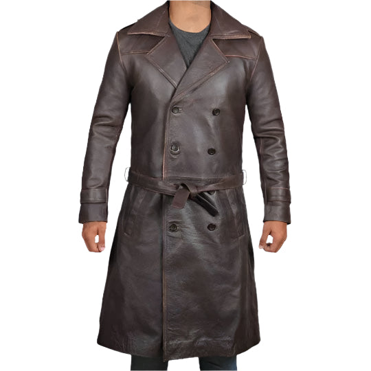 Men's Distressed Brown Winter Long Leather Trench Coat - AMSEL LEATHERS