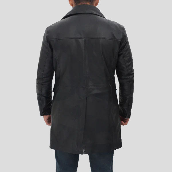 Men's Four Pocket Black Leather Trench Coat - AMSEL LEATHERS