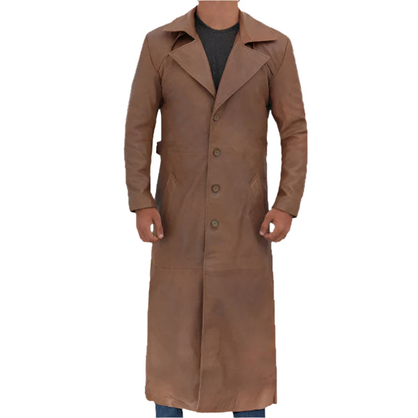 Men's Long Brown Leather Trench Coat - AMSEL LEATHERS