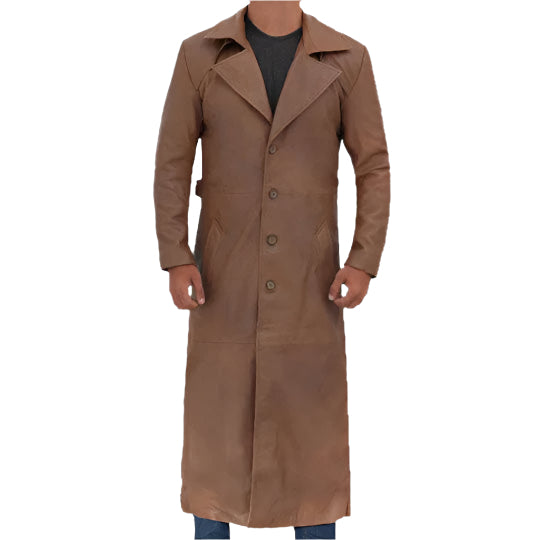 Men's Long Brown Leather Trench Coat - AMSEL LEATHERS