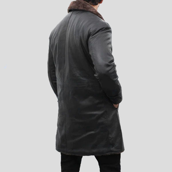 Men's Shearling Lined Black Leather Trench Coat - AMSEL LEATHERS