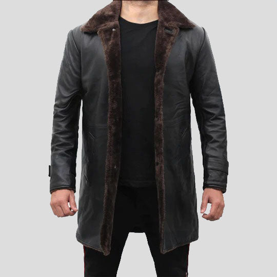 Men's Shearling Lined Black Leather Trench Coat - AMSEL LEATHERS