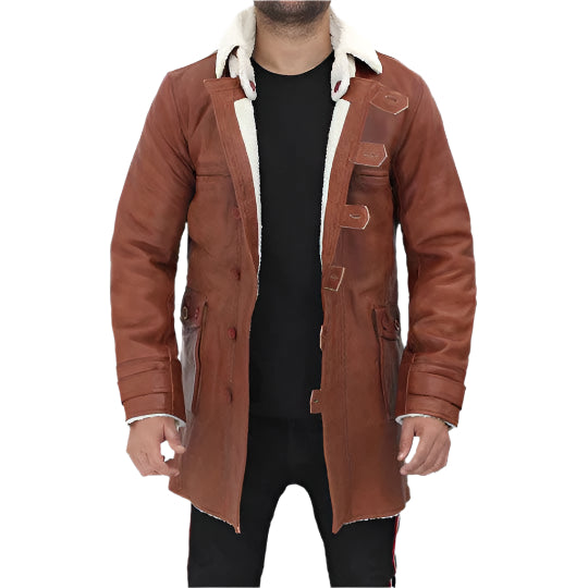 Men's Tan Bane Shearling Leather Trench Coat - AMSEL LEATHERS