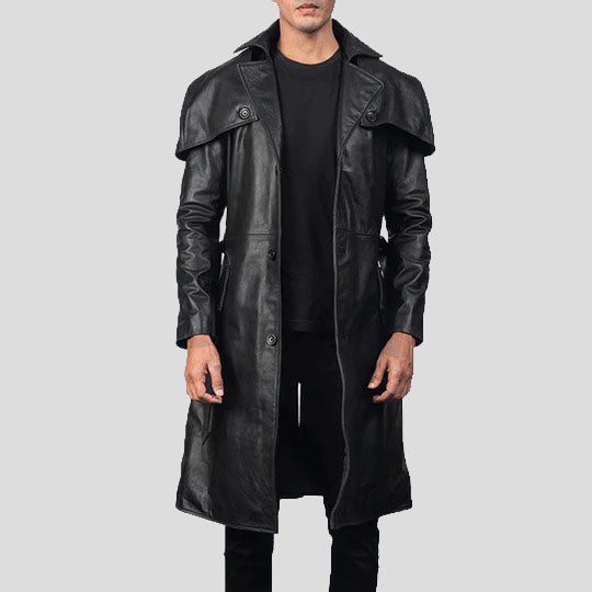 Sleek Black Leather Trench Coat - AMSEL LEATHERS