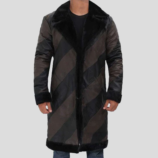 Two Tone Long Men's Shearling Leather Trench Coat - AMSEL LEATHERS