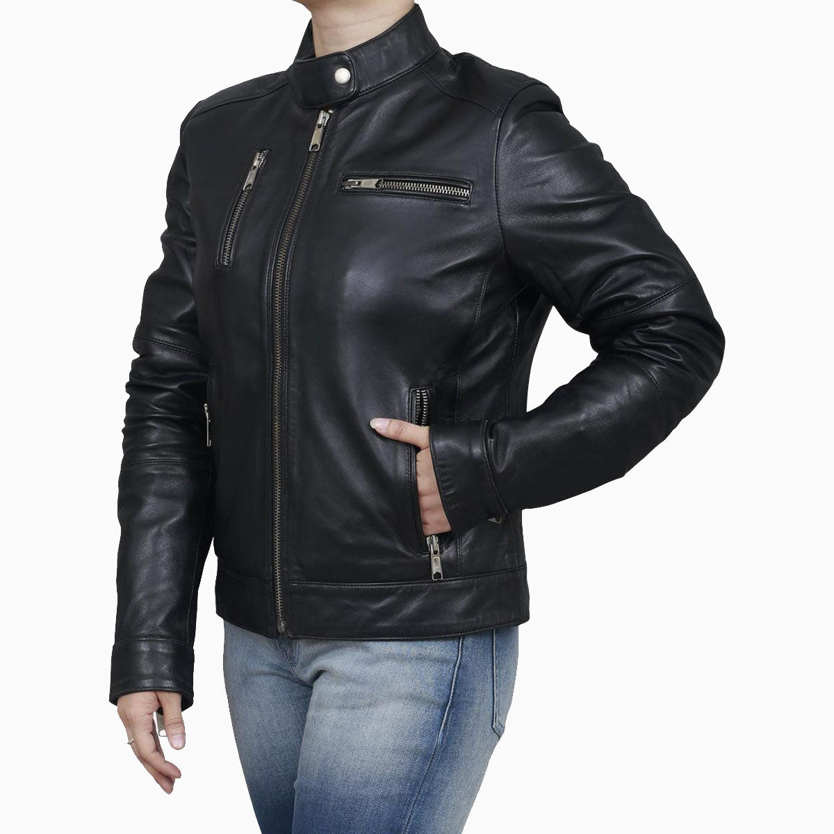 Women's Black Classic Leather Biker Jacket - AMSEL LEATHERS