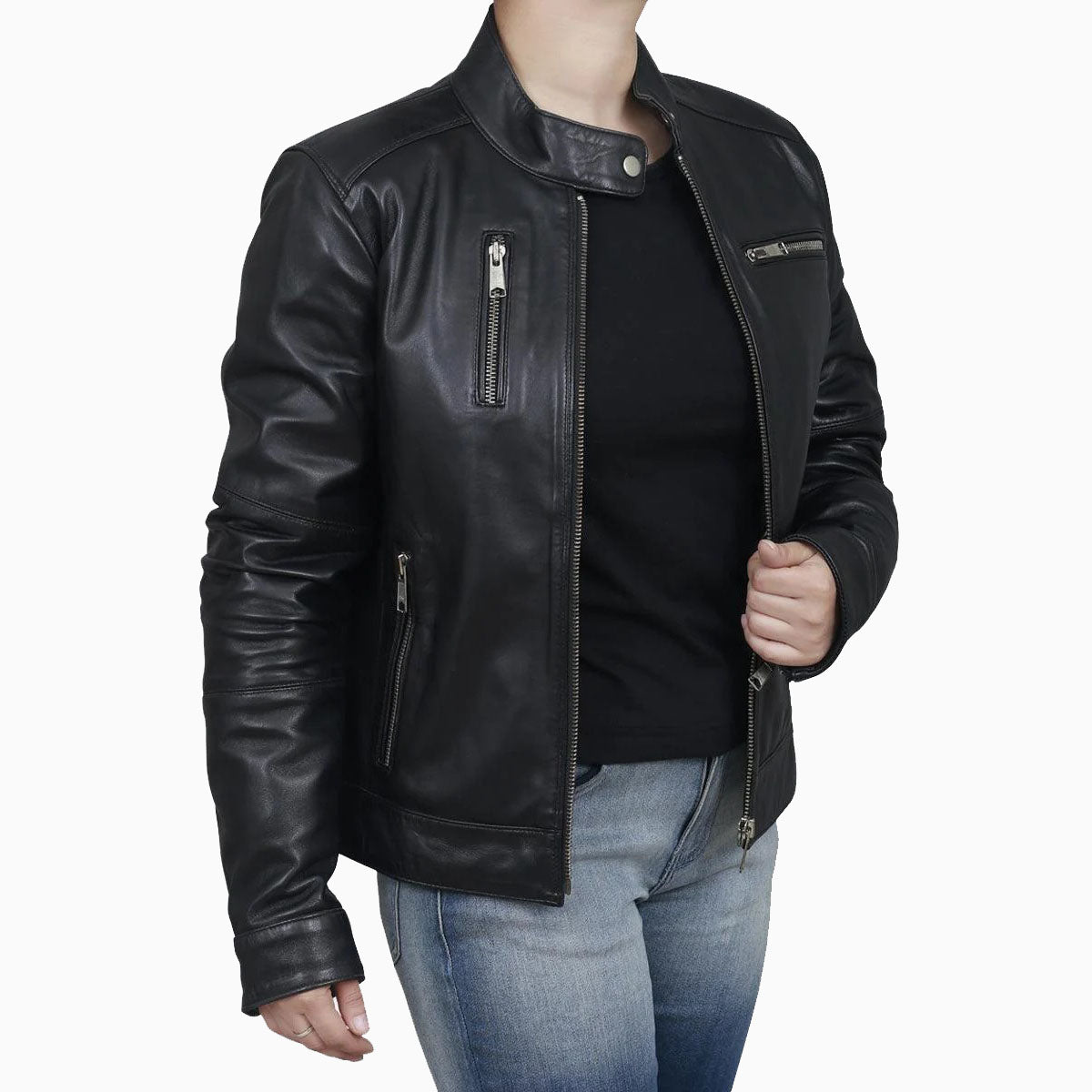 Women's Black Classic Leather Biker Jacket - AMSEL LEATHERS