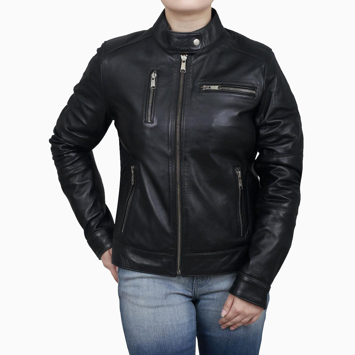 Women's Black Classic Leather Biker Jacket - AMSEL LEATHERS