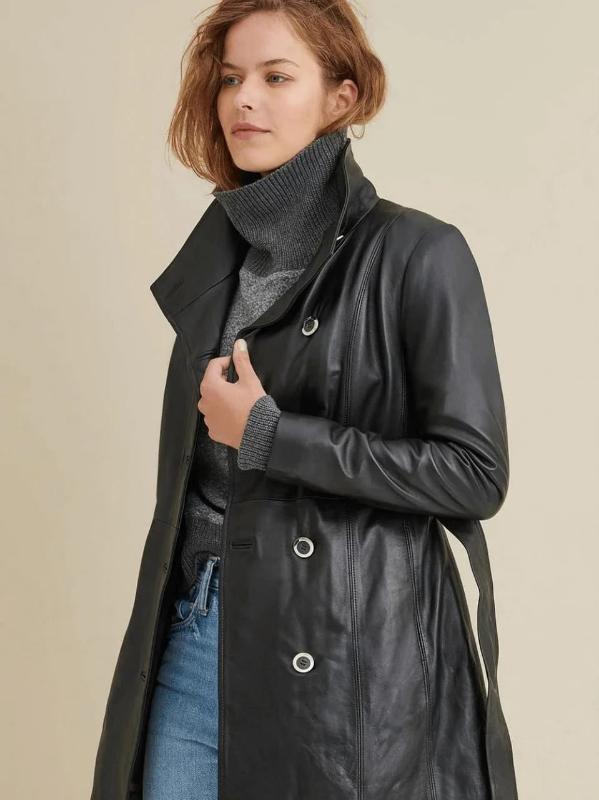 Women's Black Plain Leather Coat - AMSEL LEATHERS