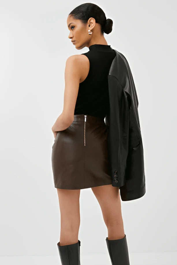 Women's Dark Brown Leather Mini Skirt - AMSEL LEATHERS