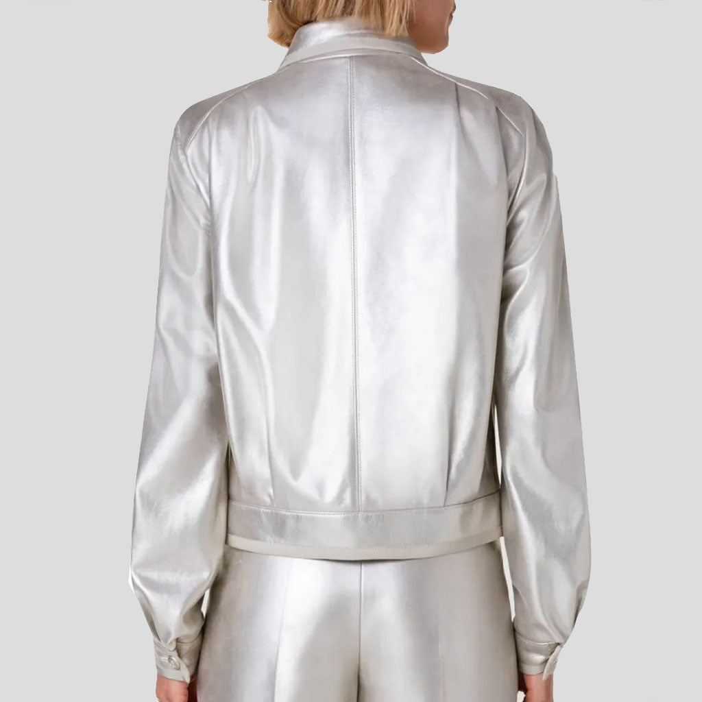 Silver Metallic Puffed Sleeve Women Leather Shirt - AMSEL LEATHERS